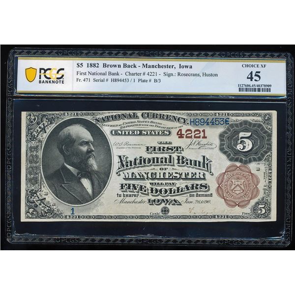 1882BB $5 Manchester, IA CH# 4221 National Bank Note PCGS Choice Extremely Fine 45