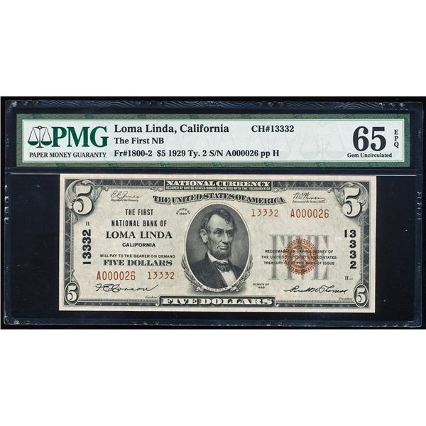 1929 $5 Loma Linda, CA CH# 13332 National Bank Note PMG Gem Uncirculated 65EPQ