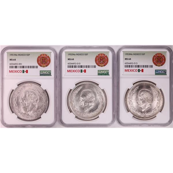 Lot of 1951-1953Mo Mexico 5 Pesos Silver Coins NGC MS64