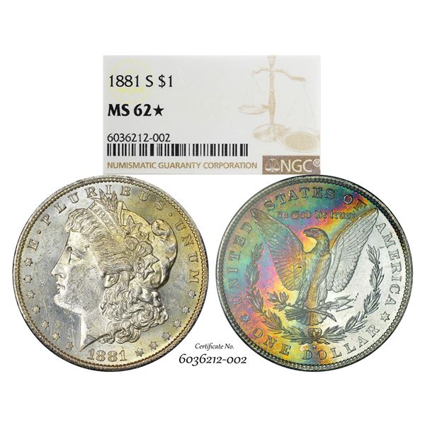 1881-S $1 Morgan Silver Dollar Coin NGC MS62* Star Amazing Toning