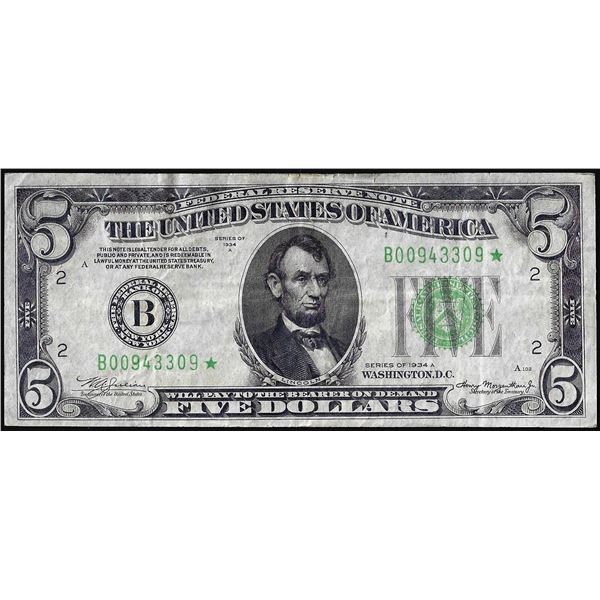 1934A $5 Federal Reserve STAR Note New York