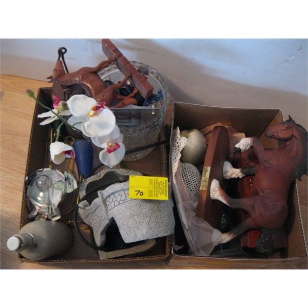 2 BOXES OF MISC. HORSE FIGURINES, COUNTERTOP FOUNTAIN, ETC.