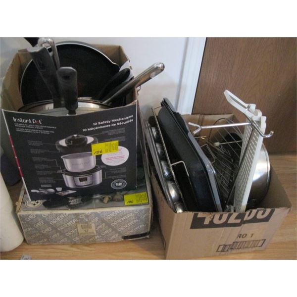 LG. BOX OF FRY PANS, A BOX OF ASST. STAINLESS RACKS & A WOK