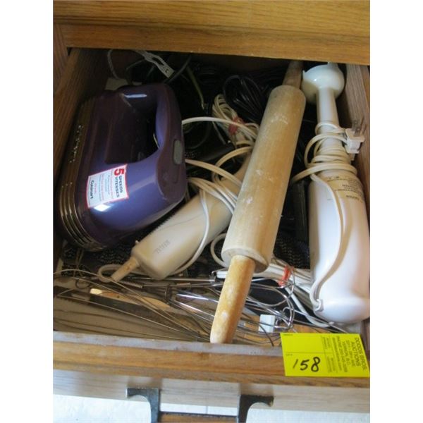 MISC. CUISINART HAND MIXER, ELECTRIC KNIFE, ROLLING PIN, ETC.