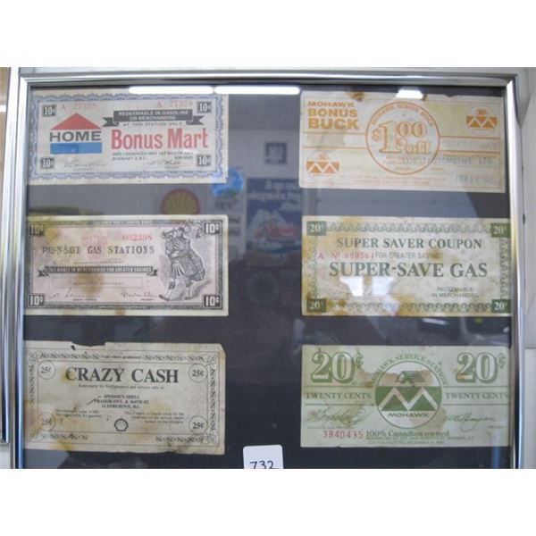 FRAMED COLLECTION OF MONEY COUPONS FROM MOHAWK, SHELL, ETC.