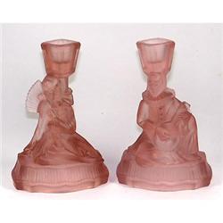 Pair of Pink Satin Glass PIEROT Candlesticks #1621180