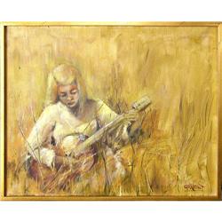 ORIG OIL PAINTING YOUNG LADY W GUITAR IN A #1621247