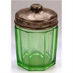 Green Depression Glass w Brass Lid Powder Jar #1643966