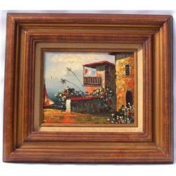 Original Oil, Villa on the Sea, Signed Rossini #1644494