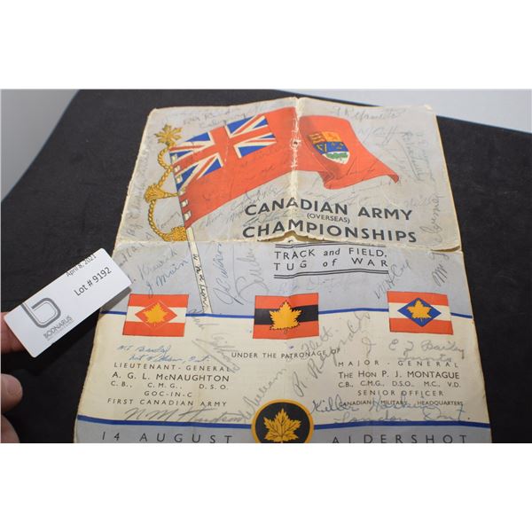 RARE WW11 SIGNED COPY OF CANADA ARMY CHAMPIONSHIP BOOKLET --POOR CONDITION