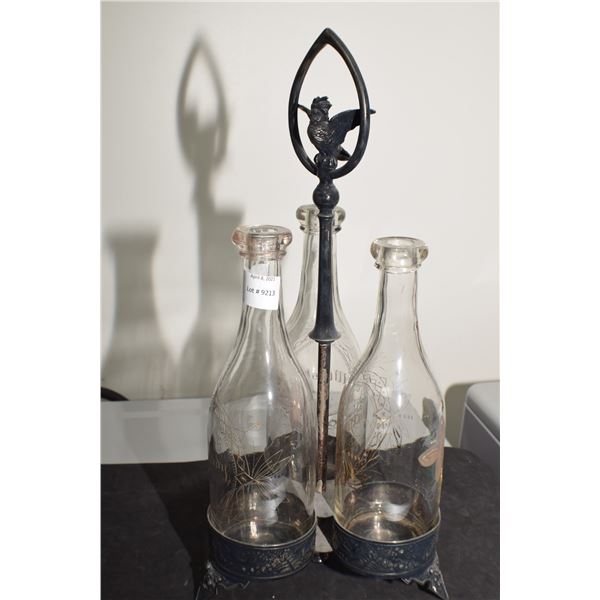 1800S LIQUOR SET , BLOB TOP BOTTLES AND ETCHED GLASS , GERMAN