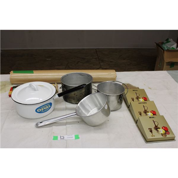 White Enamel Pot with Lid and Assorted Kitchenware