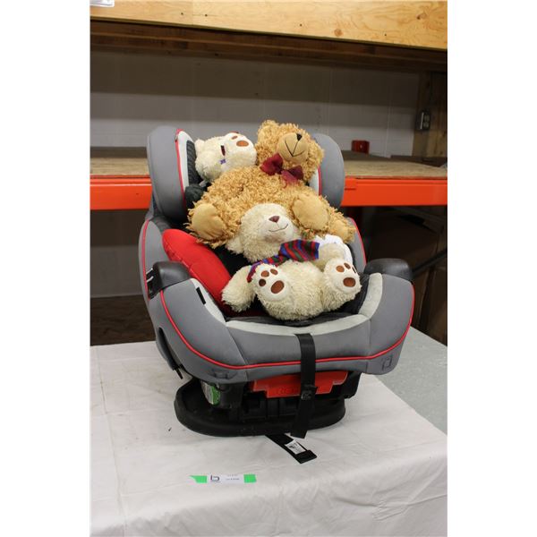 Child's Car Seat with Three Stuffed Teddy Bears