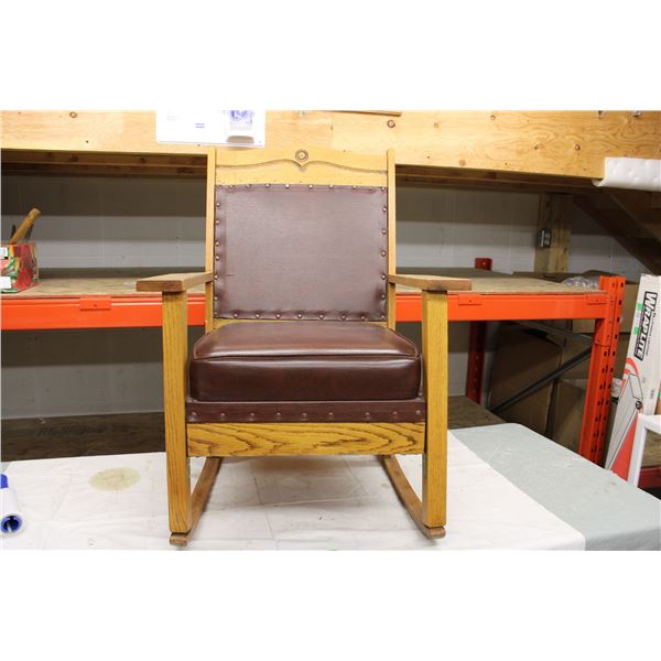 Wooden Rocker Chair with Armrests and Leather Cushions