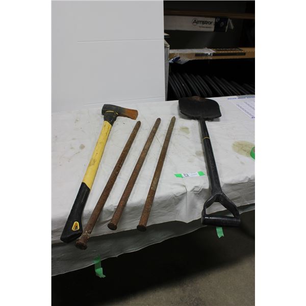 Garden Spade with Axe and Three Iron Stakes