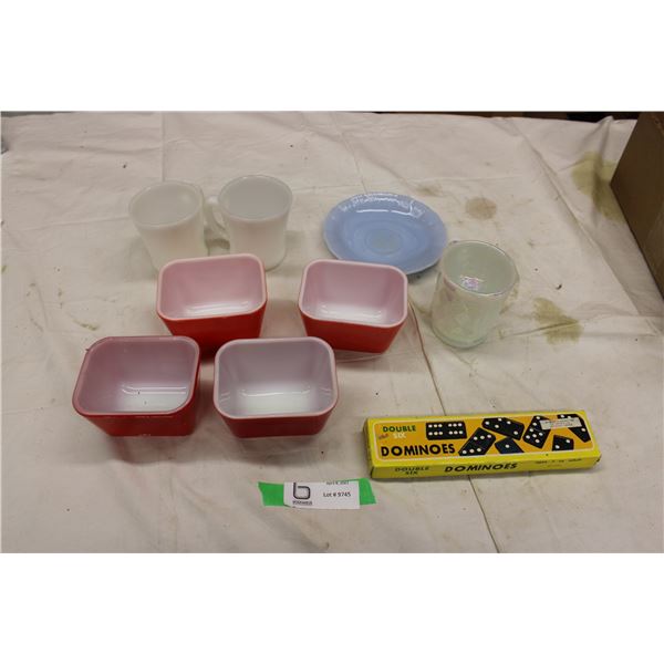 Dominoes, Pyrex Cups and Dishes