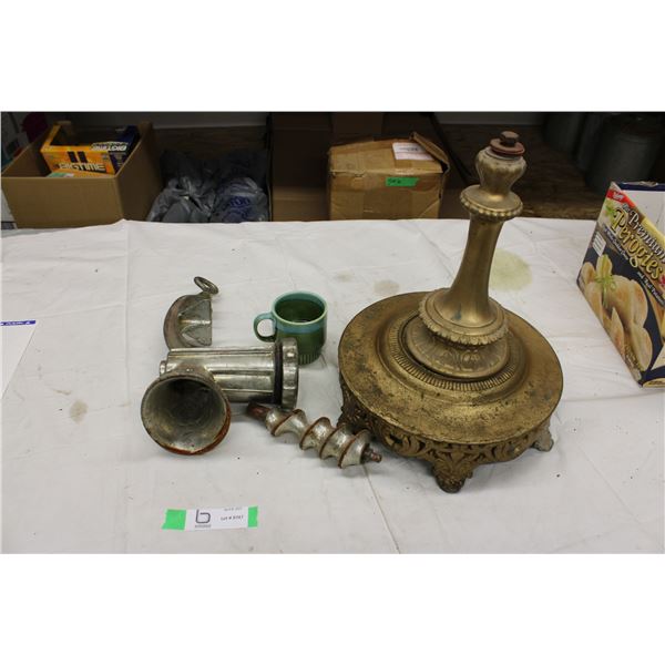 Antique Stand, Meat Grinder and Cup