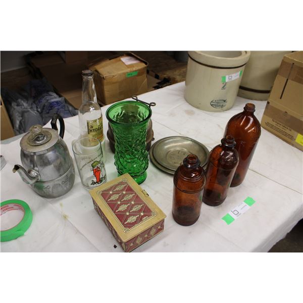 Tea Pots and Glass Vase, Javex Bottles