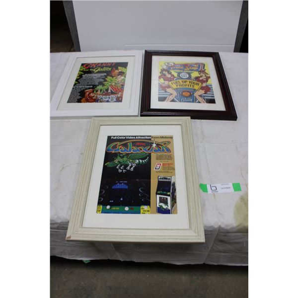 3 Framed Pinball & Arcade Game Original Flyers