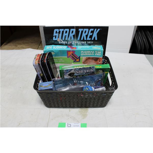 Basket Box Lot of New & Older Toys: Shark, Rocket Science Kit, Marvel Playing Cards, etc