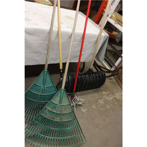3 Garden Rakes, Shovel and a Mop