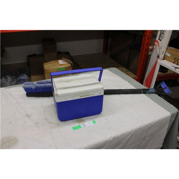 Vehicle Snow Brush and Coleman Lunch Box Cooler