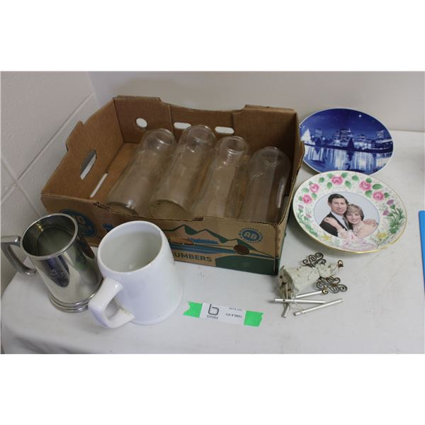 Church Candle Holders, Glass Plates, and 2 Beer Steins