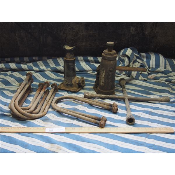 Tire Iron, Spring Brackets and 2 Bottle Jacks