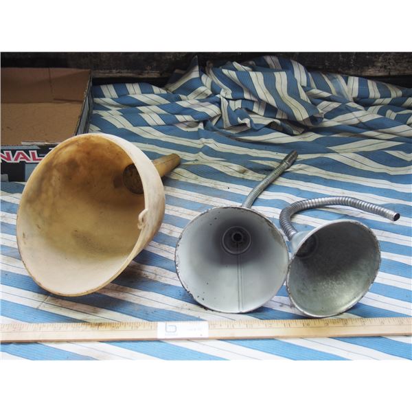2 Metal Adjustable Funnels and 1 Other Funnel