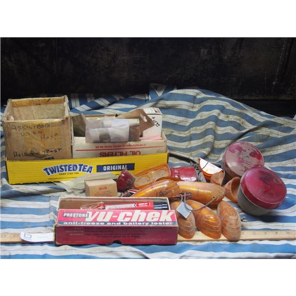 NOS Headlight Lenses, Prestone Antifreeze, Battery Tester and Auto Parts