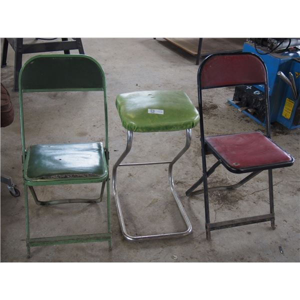 Stool and 2 Metal Folding Chairs