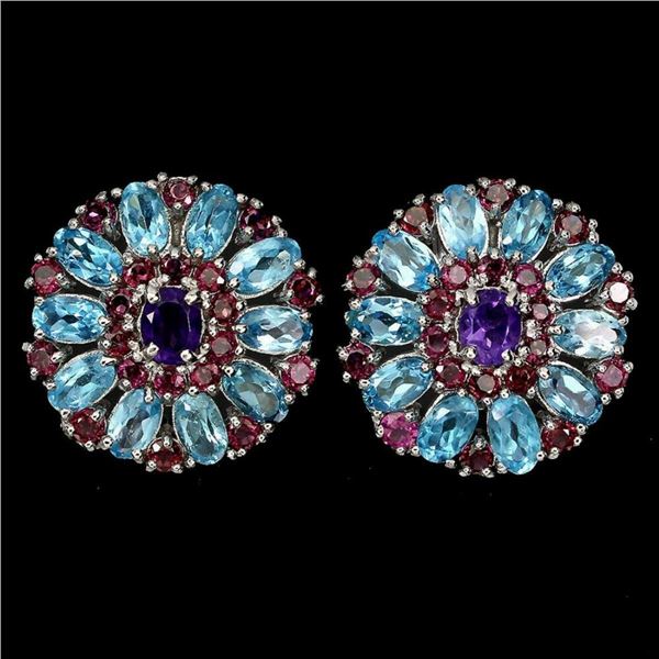 Natural Amethyst Rhodolite  Blue Topaz Earrrings