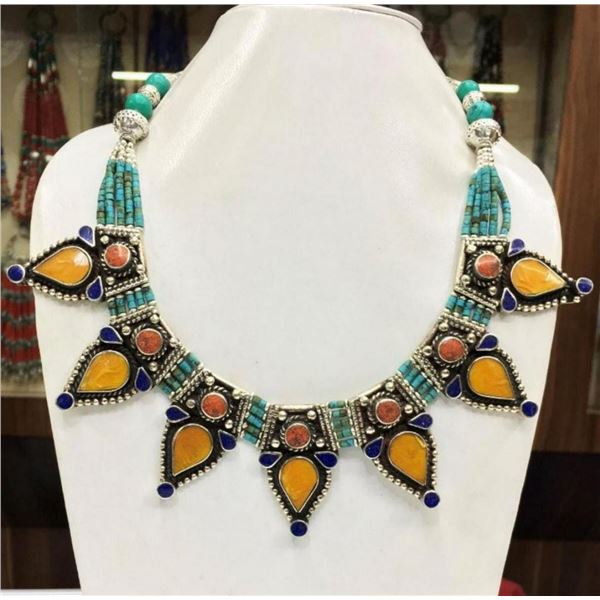 Tibet Hand Made Turquoise, Coral, Lapis Lazuli Necklace