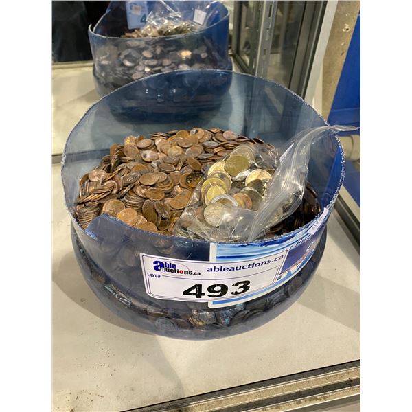 BUCKET OF PENNIES & ASSORTED COIN CURRENCIES