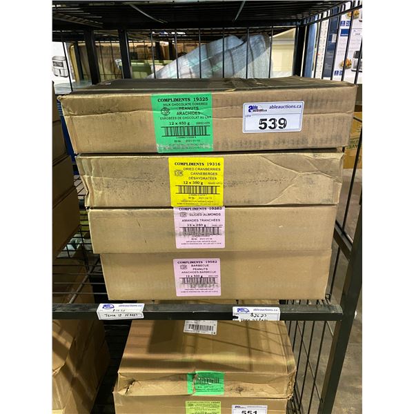 4 BOXES OF ASSORTED DRIED GOODS (DRIED CRANBERRIES, SLICED ALMONDS, BBQ PEANUTS, M/C PEANUTS)