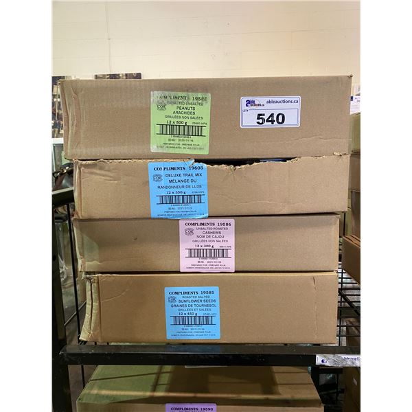 4 BOXES OF ASSORTED DRIED GOODS (PEANUTS, TRAIL MIX, CASHEWS, SUNFLOWER SEEDS)