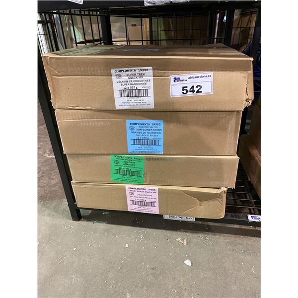4 BOXES OF ASSORTED DRIED GOODS (SNACK MIX, SUNFLOWER MIX, ALMONDS, SWEET SNACK MIX)