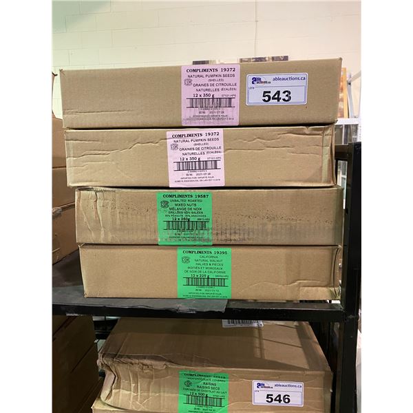 4 BOXES OF ASSORTED DRIED GOODS (PUMPKIN SEEDS, UNSALTED NUTS, CALIFORNIA WALNUTS)