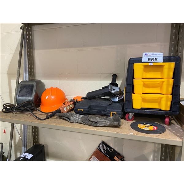 3-DRAWER ORGANIZER, WELDING MASK, HARD HAT, WORK GLOVES, CUTTING DISC, STANLEY BOSTITCH FINISHING