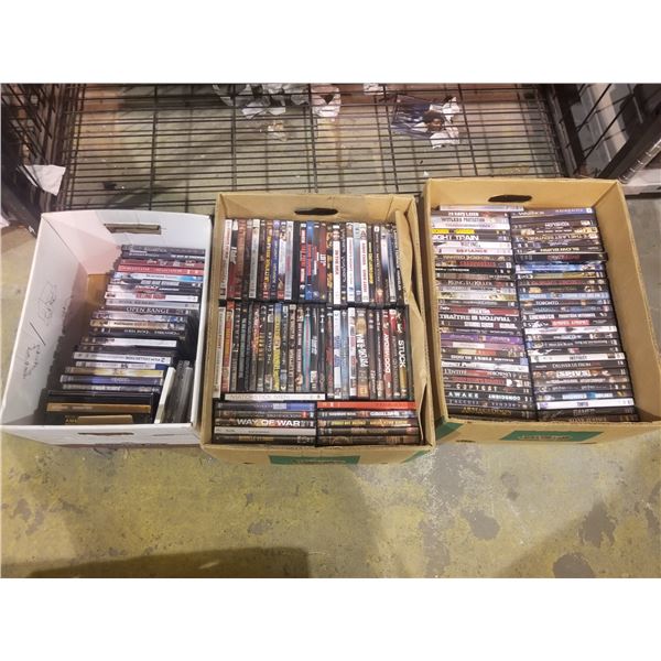 3 BOXES OF ASSORTED DVDS/CDS