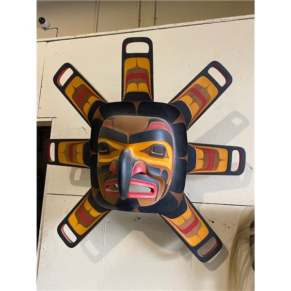 WEST COAST FIRST NATION SUN MASK KWAG-UILTH CARVED AND PAINTED BY JAY BRABANT AND SEAN HINTON, WITH