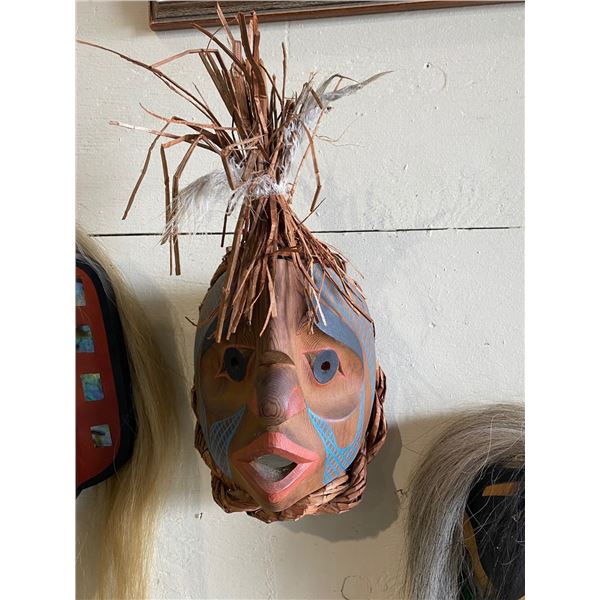 CARVED WEST COAST FIRST NATIONS WIND MASK SIGNED ON BACK CHEMAINUS BC APPROX. 10"