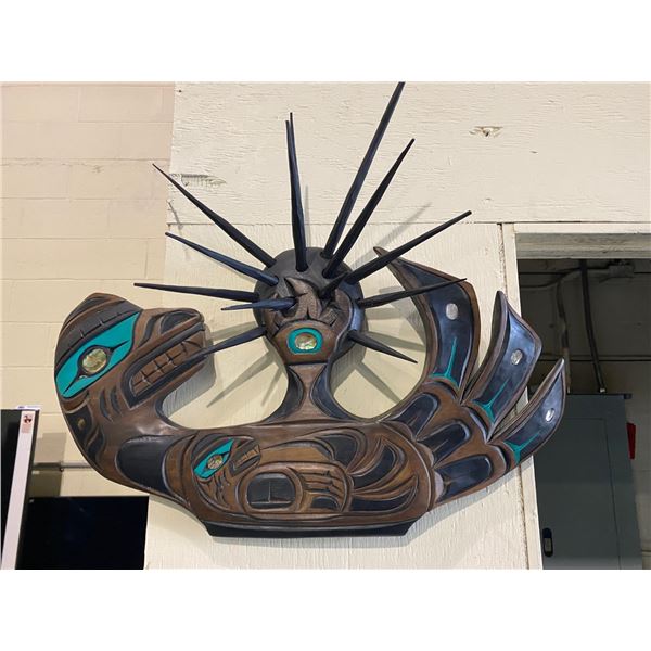 CARVED FIRST NATIONS WALL PLAQUE TITLED  SEA OTTER  SIGNED ON BACK WITH ABALONE INLAY