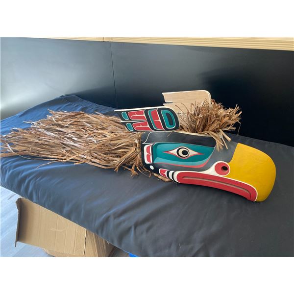 WEST COAST FIRST NATIONS CARVED AND PAINTED EAGLE MASK WITH CEDAR BARK HAIR