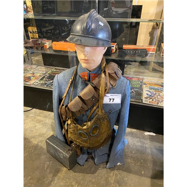 MANNEQUIN WITH VINTAGE WAR CLOTHING & WORLD WAR 1 HELMET