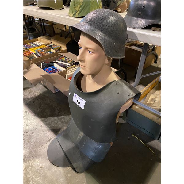 MANNEQUIN WITH BREAST PLATE ARMOR FOR MACHINE GUNNER AND VINTAGE MILITARY HELMET