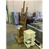 Image 1 : LARGE PAINT EASEL, BOX OF ASSORTED SIZE CANVAS, ROLLING PAINT STORAGE CART