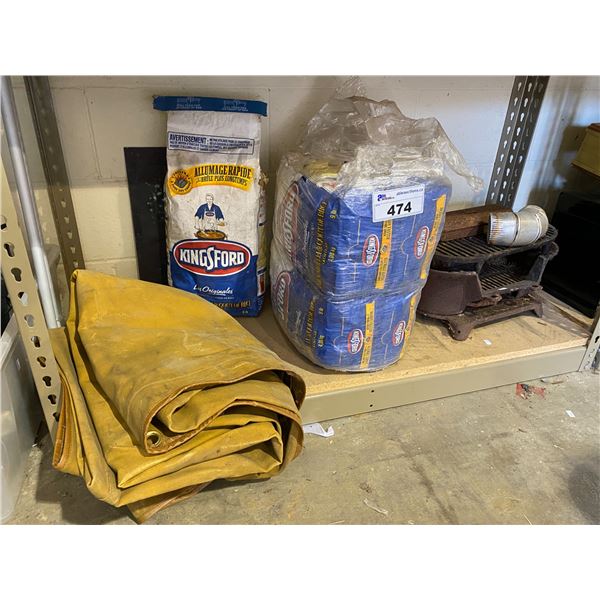 BAGS OF KINGSFORD COAL, PAINTERS BLANKET, GRILL STATION