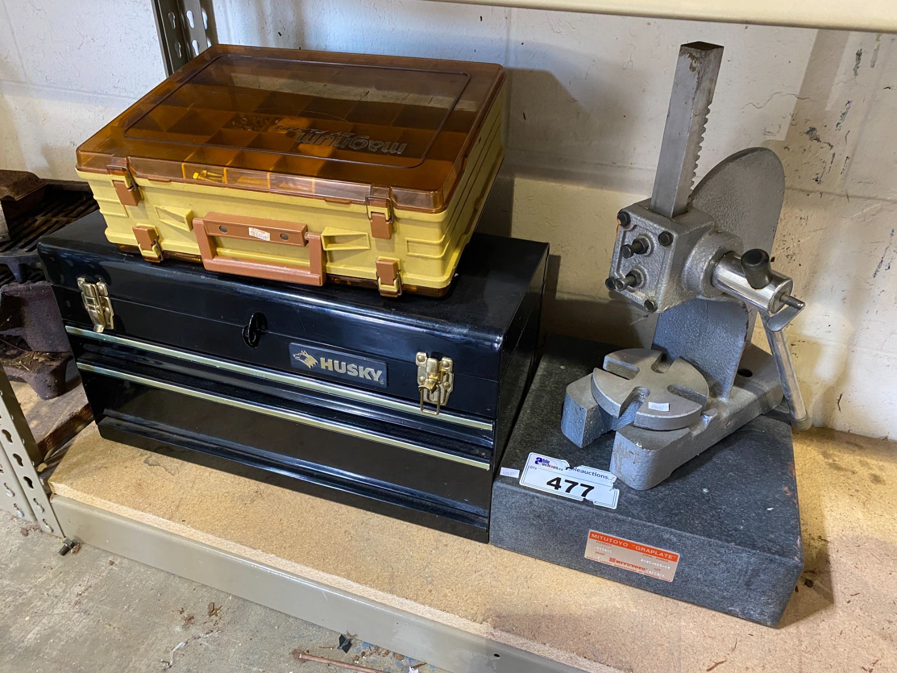 HUSKY TOOL BOX WITH CONTENTS, MITUTOYO GRAPLATE, BOX OF HARDWARE ...