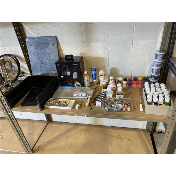 ASSORTED ART SUPPLIES, PAINT, HEADPHONES, BRUSHES, & MORE